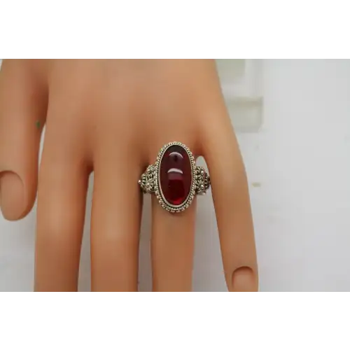 .925 S.S. ELONGATED RED STONE SOUTHWESTERN DESIGN ring size 9.75 #