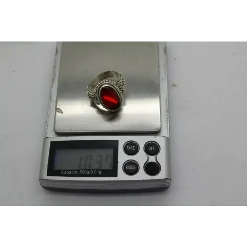 .925 S.S. ELONGATED RED STONE SOUTHWESTERN DESIGN ring size 9.75 #
