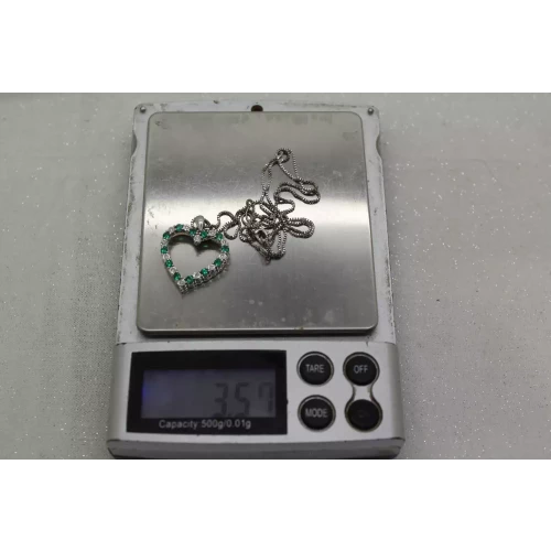 .925 S.S. LAB CREATED EMERALD & NATURAL DIAMOND HEART necklace 18