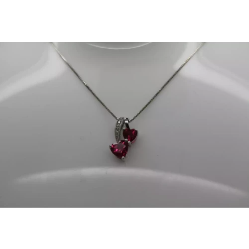 .925 S.S.  LAB GROWN RUBY & DIAMOND DOUBLE HEART necklace 18