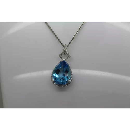 .925 S.S. LARGE TEARDROP BLUE TOPAZ CRYSTAL HALO pendant necklace 18