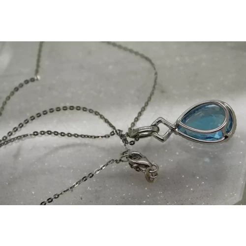 .925 S.S. LARGE TEARDROP BLUE TOPAZ CRYSTAL HALO pendant necklace 18