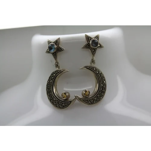 .925 S.S. MARCASITE BLUE TOPAZ CITRINE CRESCENT MOON & STAR dangle