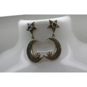 .925 S.S. MARCASITE BLUE TOPAZ CITRINE CRESCENT MOON & STAR dangle