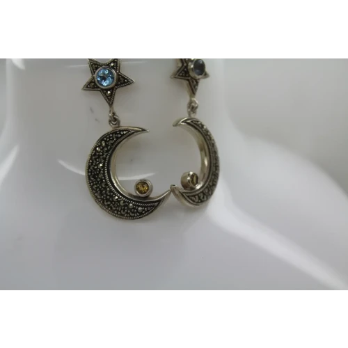 .925 S.S. MARCASITE BLUE TOPAZ CITRINE CRESCENT MOON & STAR dangle