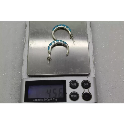 .925 S.S. MEXICO TURQUOISE CHANNEL INLAY HOOP earrings