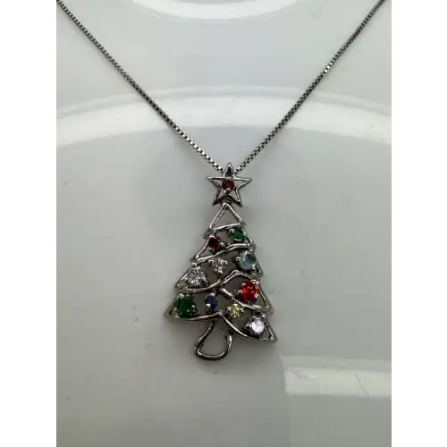 .925 S.S. MULTI COLORED CZ OPENWORK CHRISTMAS TREE pendant necklace