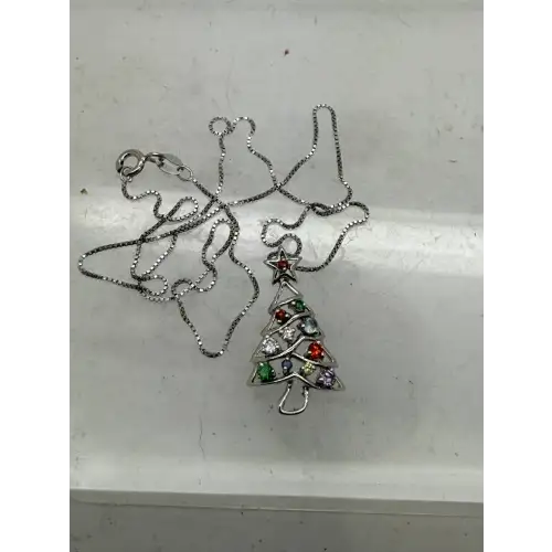 .925 S.S. MULTI COLORED CZ OPENWORK CHRISTMAS TREE pendant necklace (3)