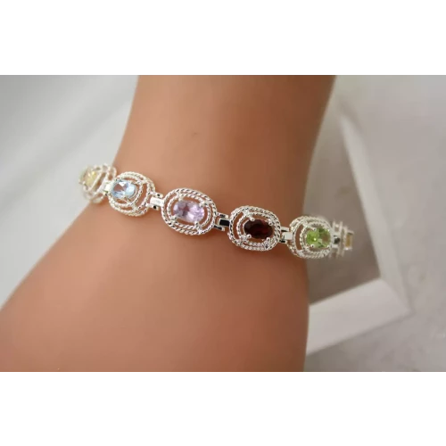 .925 S.S. MULTI GEMSTONES OVAL LINK bracelet 7