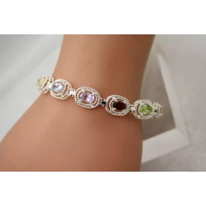 .925 S.S. MULTI GEMSTONES OVAL LINK bracelet 7
