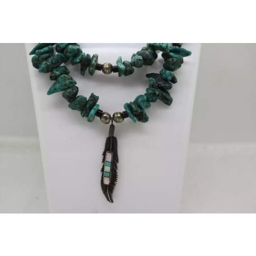 .925 S.S. NATIVE AMERICAN DOULE STRAND TURQUOISE FEATHER necklace