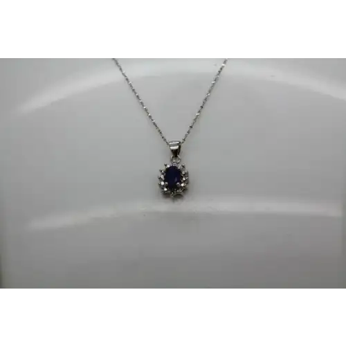 .925 S.S. Oval Cut BLUE SAPPHIRE DIAMOND HALO pend. necklace