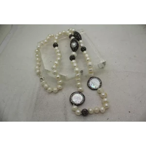 .925 S.S. PEARL, CRYSTAL & FLAT PEARL BEADED necklace 30