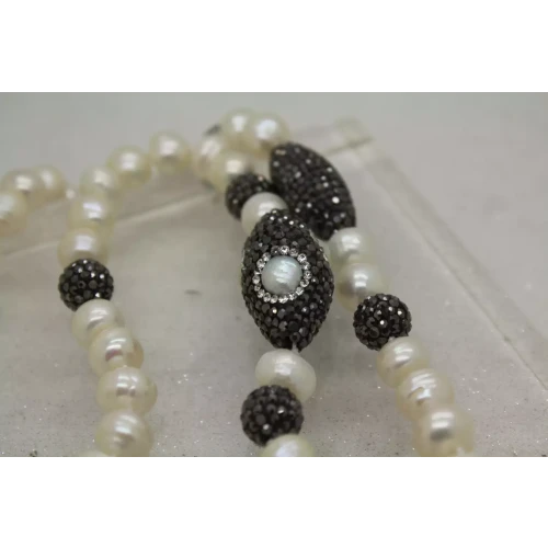 .925 S.S. PEARL, CRYSTAL & FLAT PEARL BEADED necklace 30