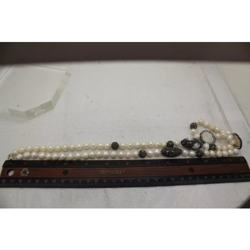 .925 S.S. PEARL, CRYSTAL & FLAT PEARL BEADED necklace 30