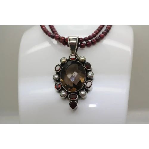 .925 S.S. PEARL, GARNET & SMOKY STONE on MAROON FRESHWATER PEARL 20