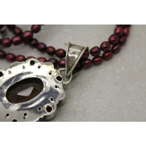 .925 S.S. PEARL, GARNET & SMOKY STONE on MAROON FRESHWATER PEARL 20