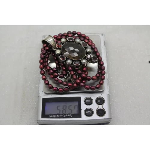 .925 S.S. PEARL, GARNET & SMOKY STONE on MAROON FRESHWATER PEARL 20