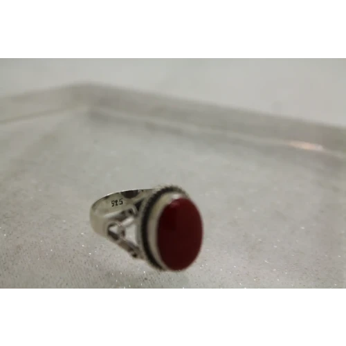 .925 S.S. RED CORAL SOUTHWESTERN ROPE DESIGN ring size 6.5