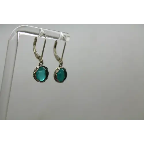.925 S.S. ROUND TEAL CABOCHON LEAF DESIGN SETTING Dangles #