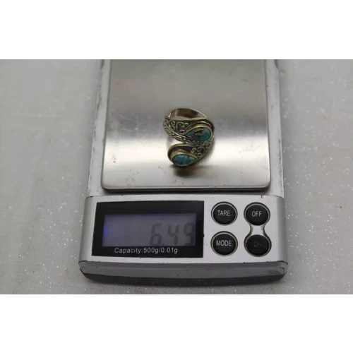 .925 S.S. TEARDROP TURQUOISE SCROLL WORK BYPASS ring size 6.75