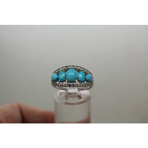 .925 S.S. TURQUOISE BLUE & CLEAR stones 5 STONE ring size 8