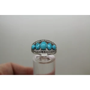 .925 S.S. TURQUOISE BLUE & CLEAR stones 5 STONE ring size 8