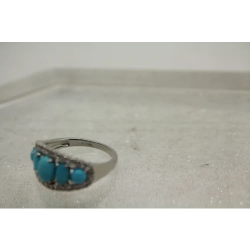 .925 S.S. TURQUOISE BLUE & CLEAR stones 5 STONE ring size 8
