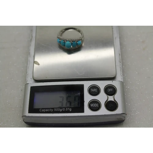 .925 S.S. TURQUOISE BLUE & CLEAR stones 5 STONE ring size 8