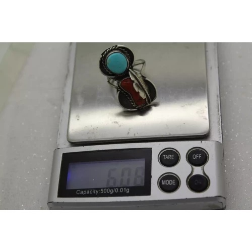 .925 S.S. TURQUOISE CORAL FEATHER ROPE DESIGN ring size 7.25