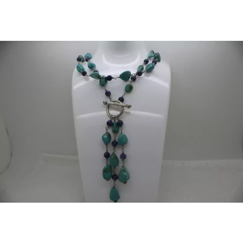 .925 S.S. TURQUOISE & LAPIS LAZULI BEADED TASSEL TOGGLE necklace 40