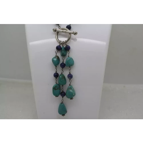 .925 S.S. TURQUOISE & LAPIS LAZULI BEADED TASSEL TOGGLE necklace 40