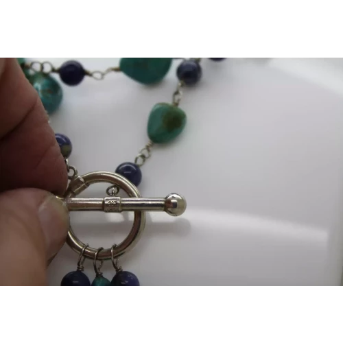 .925 S.S. TURQUOISE & LAPIS LAZULI BEADED TASSEL TOGGLE necklace 40