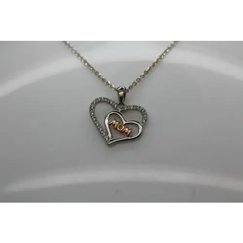 .925 S.S. Two Tone CZ. DOUBLE HEART MOM pendant necklace 20