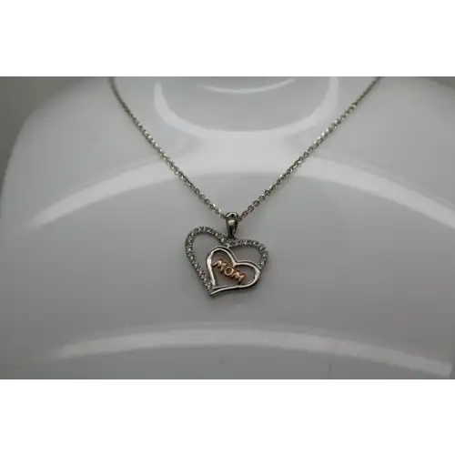 .925 S.S. Two Tone CZ. DOUBLE HEART MOM pendant necklace 20