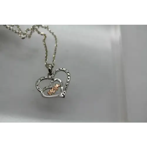 .925 S.S. Two Tone CZ. DOUBLE HEART MOM pendant necklace 20
