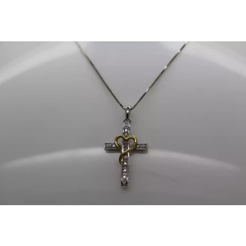 .925 Sterling Silver 1/10 cttw DIAMOND HEART & CROSS necklace 18