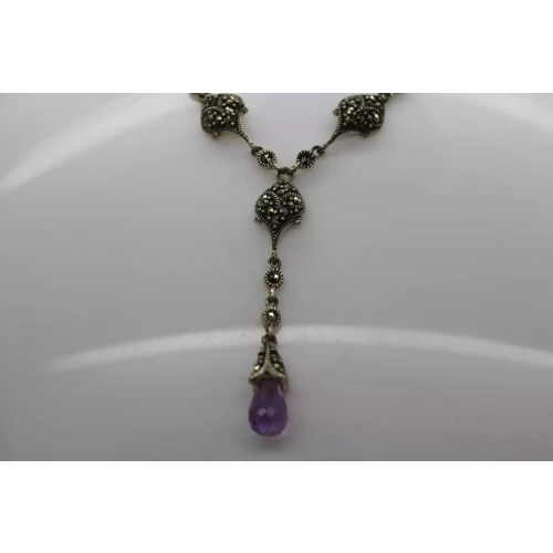 .925 Sterling Silver AMETHYST & MARCASITE DROP necklace 18