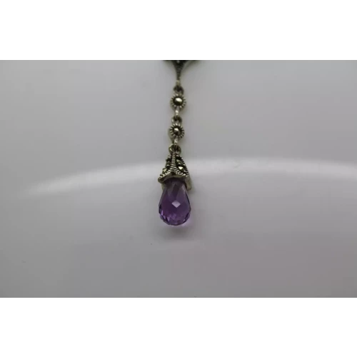 .925 Sterling Silver AMETHYST & MARCASITE DROP necklace 18