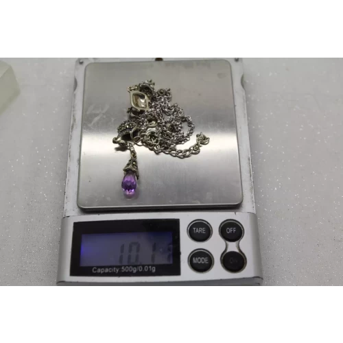 .925 Sterling Silver AMETHYST & MARCASITE DROP necklace 18
