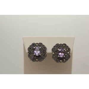 .925 Sterling Silver ART DECO AMETHYST & MARCASITE post earrings