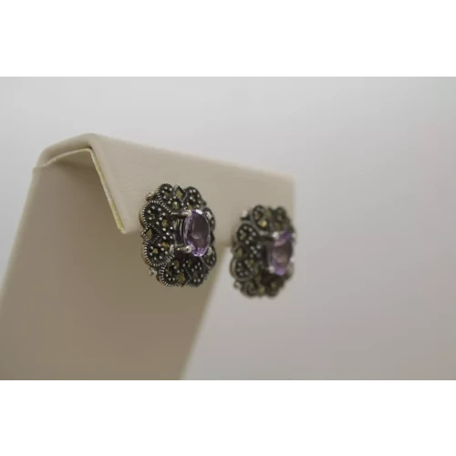.925 Sterling Silver ART DECO AMETHYST & MARCASITE post earrings