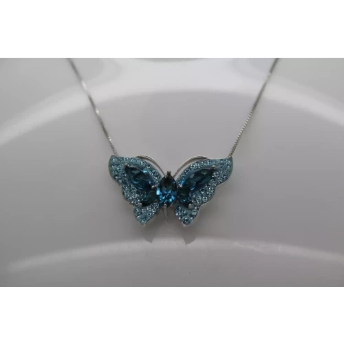 .925 Sterling Silver BLUE CRYSTAL & CZ BUTTERFLY necklace 18