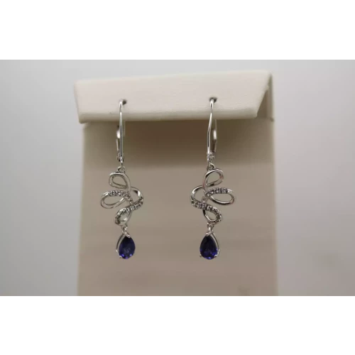 .925 Sterling Silver BLUE SAPPHIRE & DIAMOND SWIRL dangle earrings