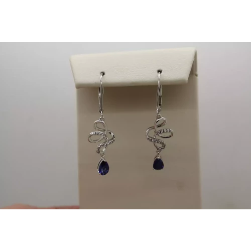 .925 Sterling Silver BLUE SAPPHIRE & DIAMOND SWIRL dangle earrings (2)