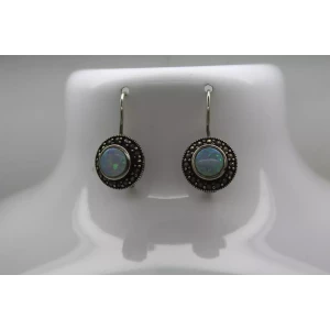 .925 Sterling Silver OPALITE & MARCASITE ROUND DROP DANGLE earrings