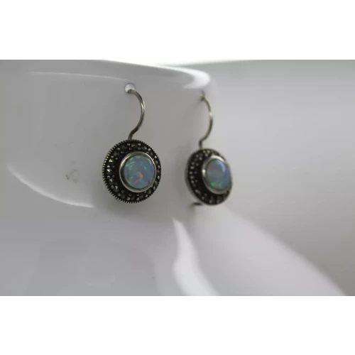 .925 Sterling Silver OPALITE & MARCASITE ROUND DROP DANGLE earrings