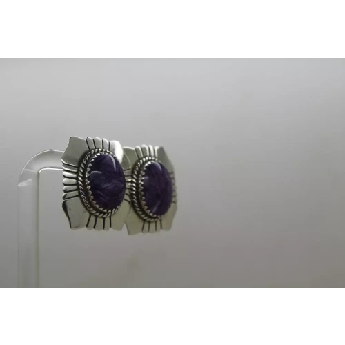 .925 Sterling Silver Oval Cut CHAROITE ROPE SHIELD DESIGN earrings