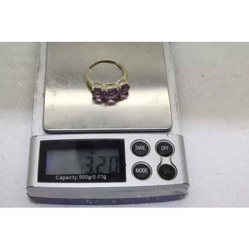 .925 Sterling Silver PURPLE TOPAZ 3 STONE ring  size 9
