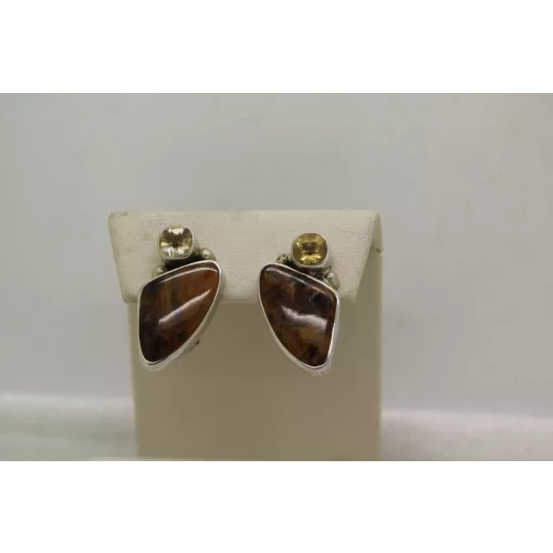 AKR AMY KAHN RUSSELL .925 S.S. PETRIFIED WOOD & CITRINE clip on